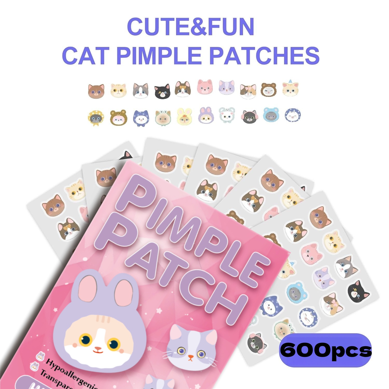 600個の漫画風ニキビパッチ、かわいい猫の形をした顔用隠しニ - Face Moisturizer のレビューと価格