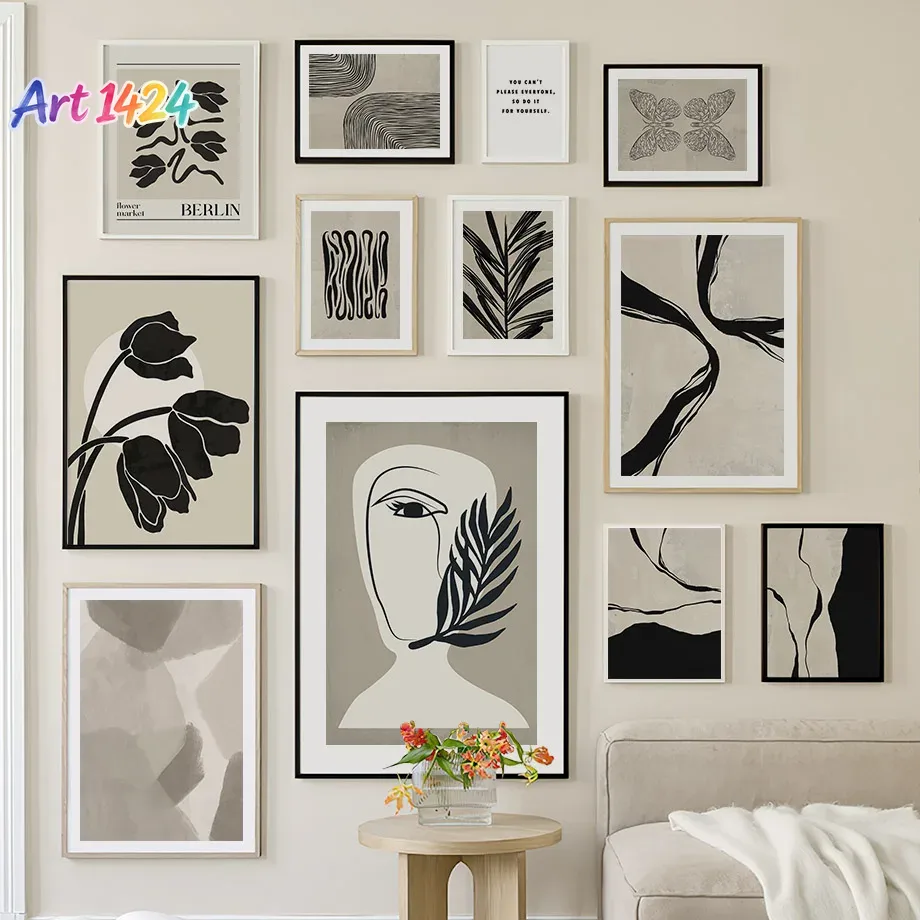 抽象的な線、花、葉をモチーフにした壁掛けアート、キャンバス絵 - Face Oil のレビューと価格